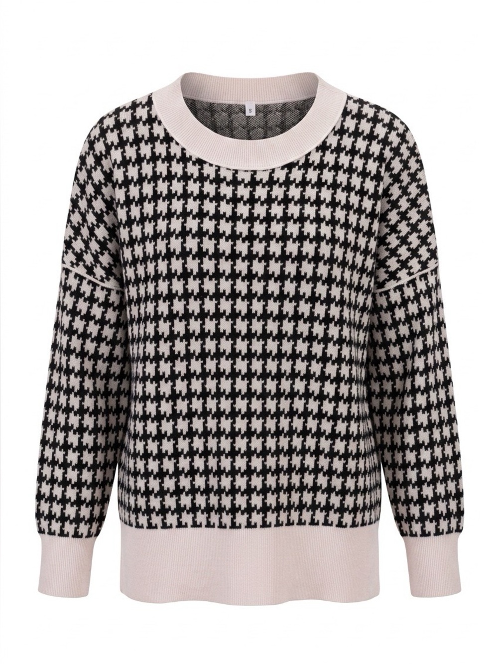 Black and Cream Houndstooth Crewneck Sweater - Women's - Picture 2 of 6